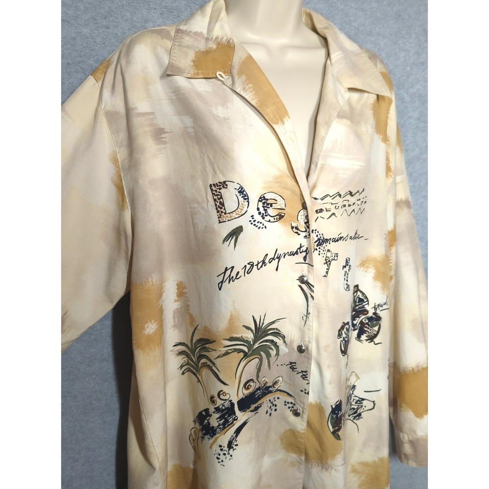 Vtg AUGUST SILK Silk Shirt Women 10 Graphic The 18th Dynasty Remains Alive Retro